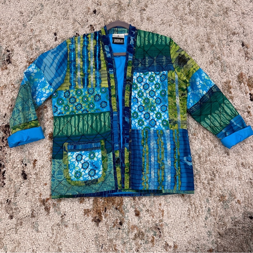 Patchwork Blue & Green Open-Front Jacket By Jane … - image 3